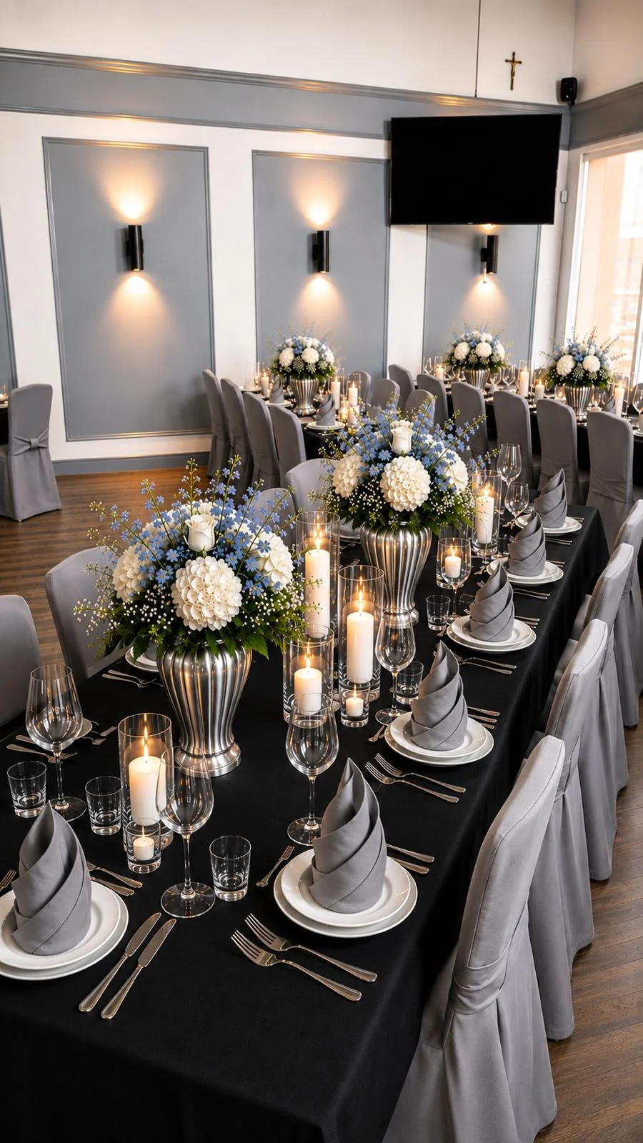 Banquet table set in black and silver with hydrangea centerpieces