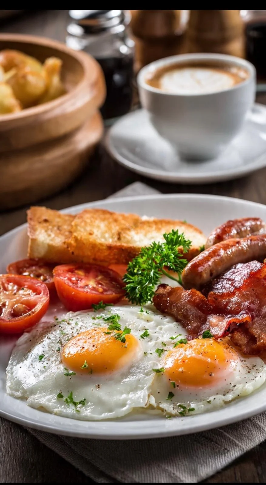 Classic breakfast — eggs, bacon, sausage and toast with a cappuccino