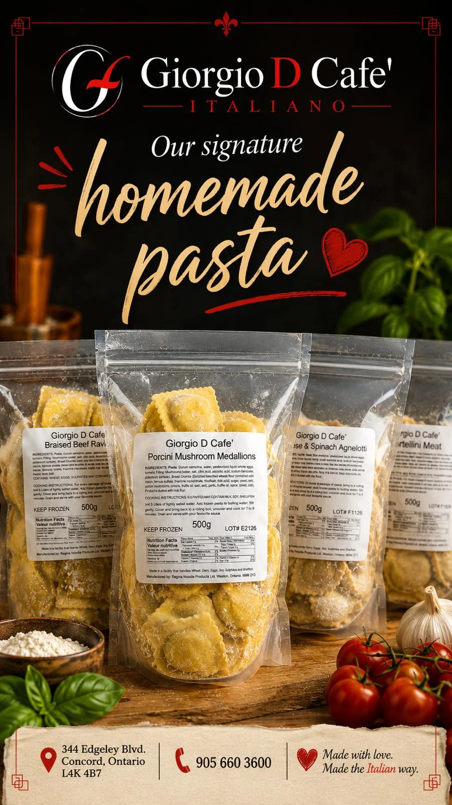 Giorgio D signature homemade pasta, packaged to take home