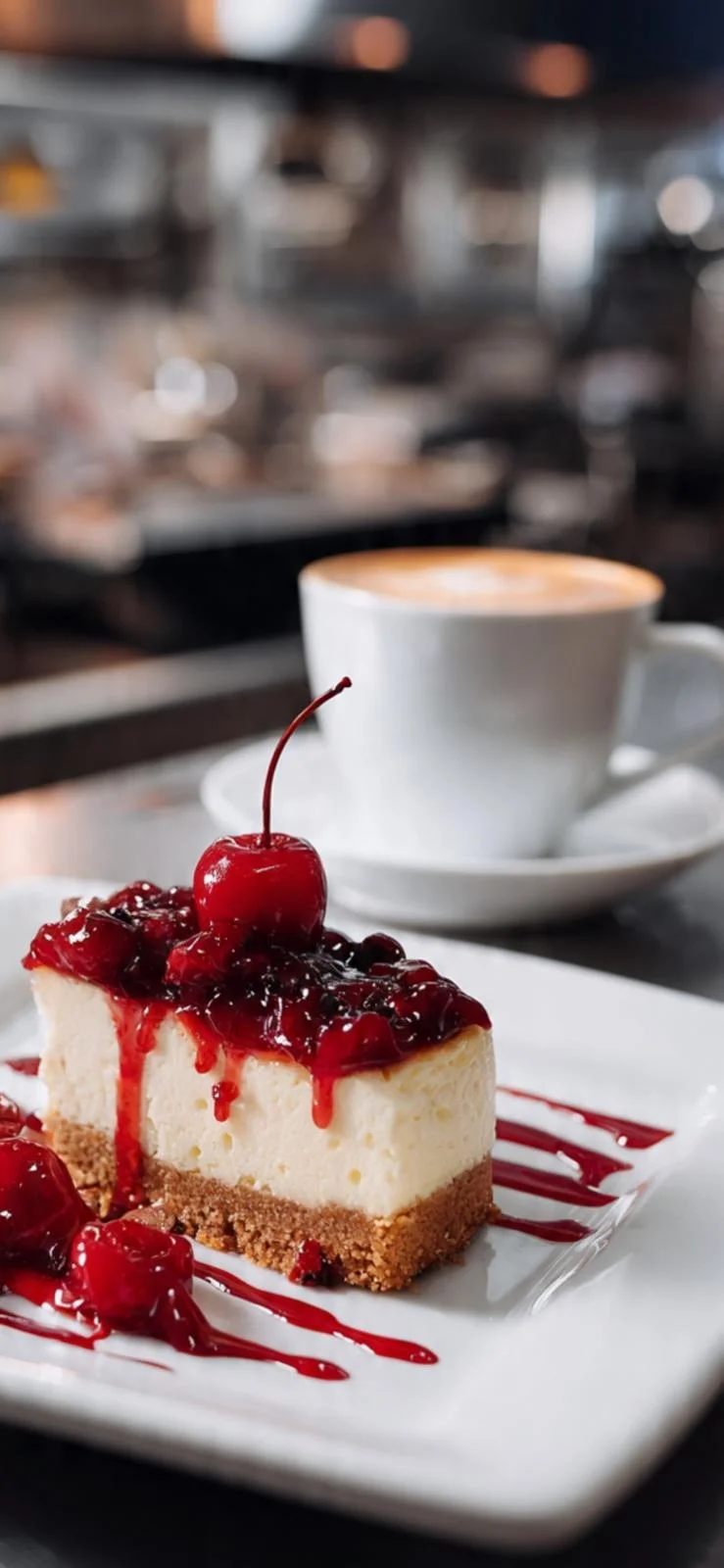 Cherry cheesecake with a fresh latte at the espresso bar